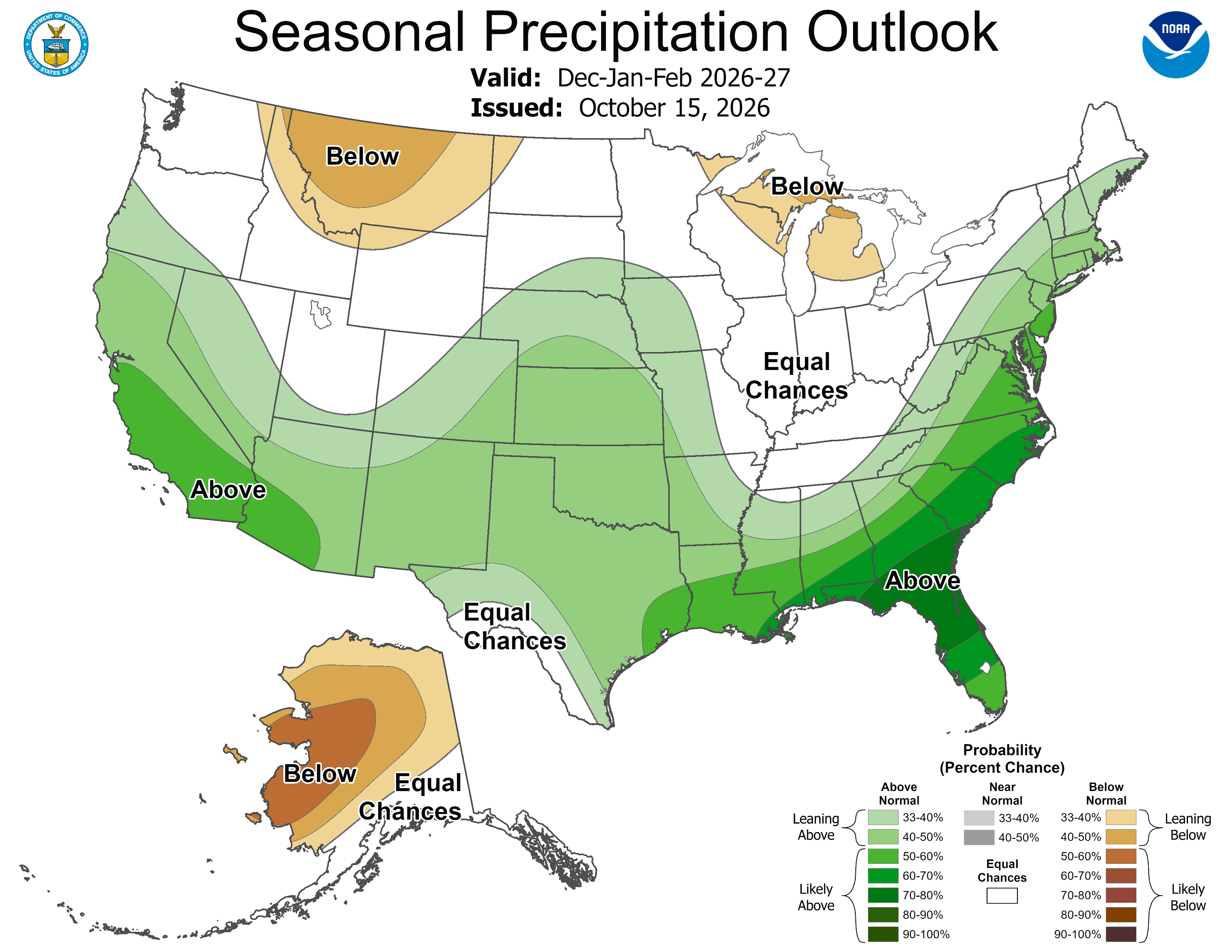 NOAA winter precipitation outlook issued October 15, 2026, showing elevated odds of above-normal precipitation in California and across the southern United States